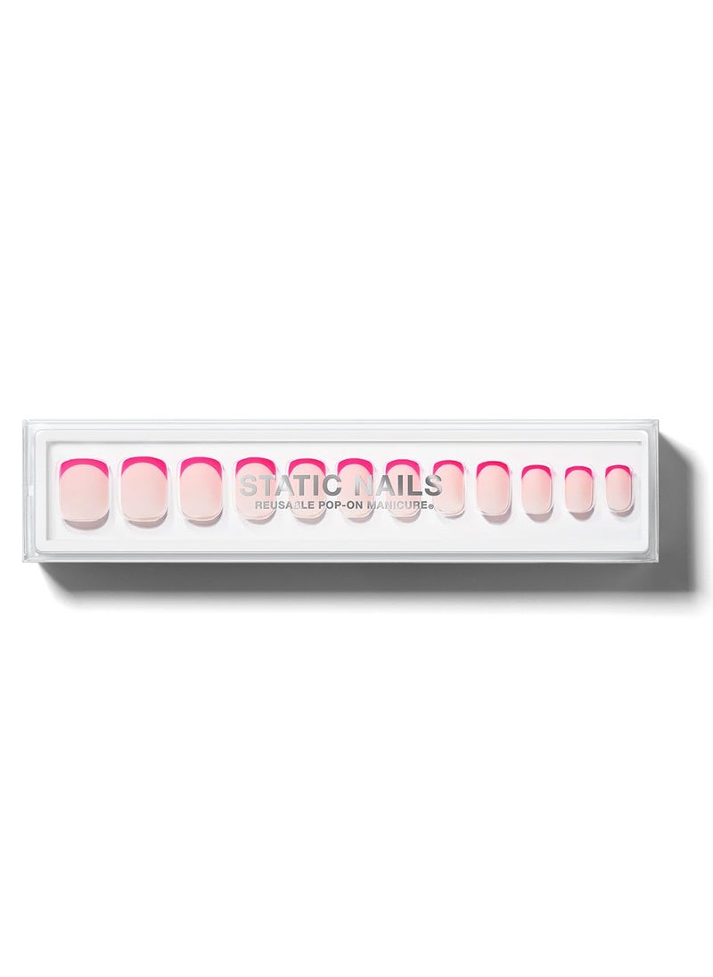 Static Nails Reusable Pop-On Manicure Set - SoCo Summer | Hot Pink French Tip Square False Nails | Short Press On Nails | Salon Quality Non-Damaging Acrylic Nails | Fake Nail Kit with Glue