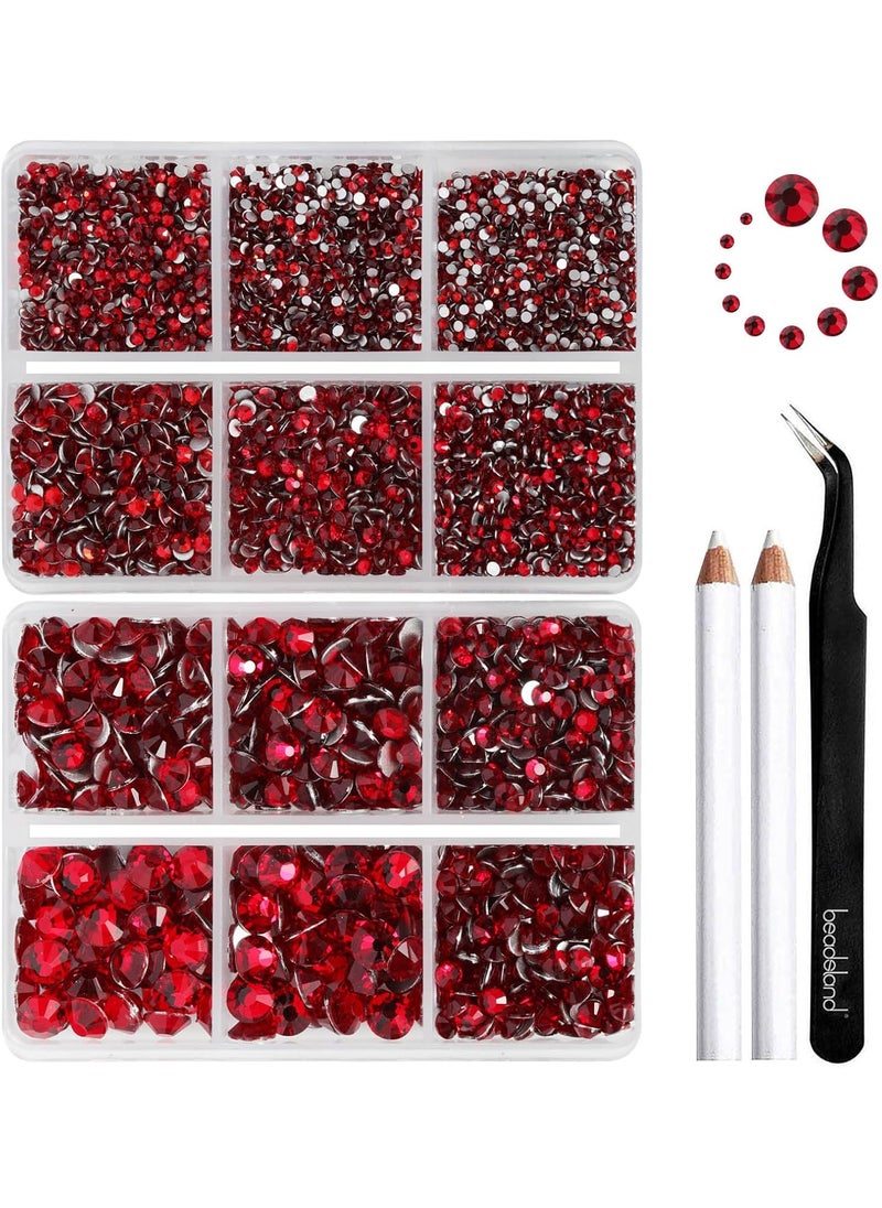 Beadsland 8300PCS Flatback Rhinestones, Red Rhinestone Nail Gems Round Crystal Rhinestones for Crafts, Mixed 10 Sizes with Wax Pencil and Tweezer Kit, SS3-SS30, Siam