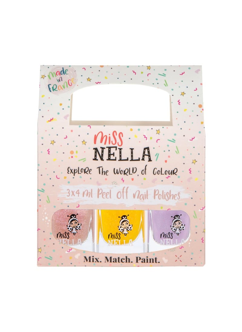 MISS NELLA PIXIE DUST- Peel Off, Odour Free, Water Base & Safe for kids nail polish pack of 3- peach (glitter), lilac & yellow (glitter)