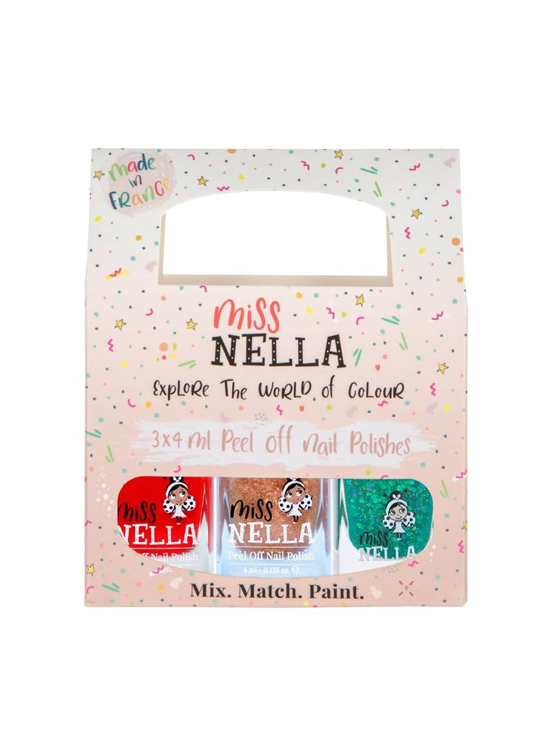 MISS NELLA CHRISTMAS SPARKLE- Peel Off, Odour Free, Water Base & Safe for kids nail polish pack of 3- green (glitter), red & gold (glitter)