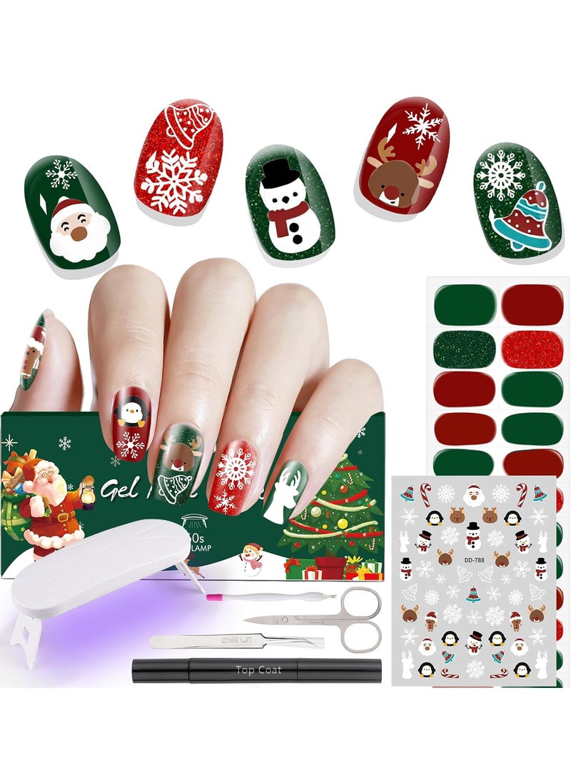 EBANKU Christmas Semi Cured Gel Nail Strips with UV Light, 3D Nail Art Decals, 24PCS Snowman Snowflake Self-Adhesive Christmas Gel Nail Stickers Kit with Top Coat, Nail Tools for DIY Decoration