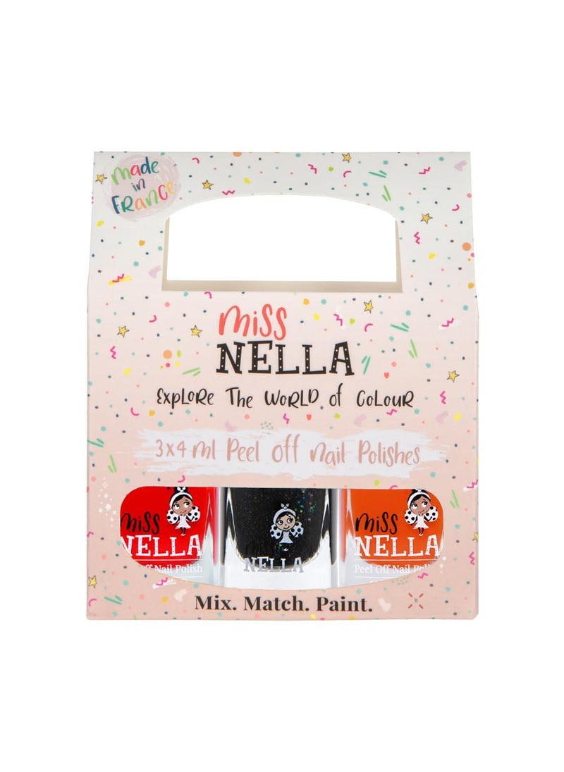 MISS NELLA Halloween Special Glitter Kids Nail Polish 3 Pack: Poppy Fields (orange), Surprise Party (black glitter) & Class Clown (red), Peel-off, Non- toxic, Water Based Formula