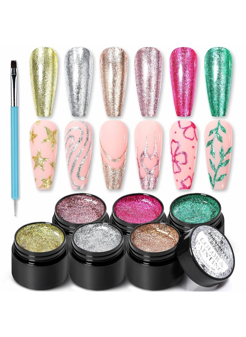 Born Pretty Glitter Gel Nail Polish Chrome Platinum Glitter Gel Nail Polish Set Sparkly Shiny Silver Gold Pink Champagne Red Green 6Colors with Nail Brush Home DIY Manicure Nail Salon Varnish