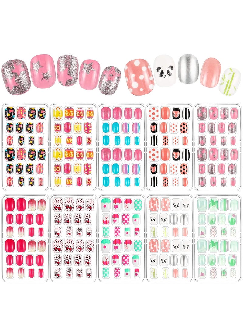 240 Pieces False Nails Kids Girls Press on Short Artificial Fake Nails Cute Pre Glue Full Cover Acrylic Nail Tip Kit for Children Little Girls Nail Decoration, 10 Boxes (Colorful Bows)
