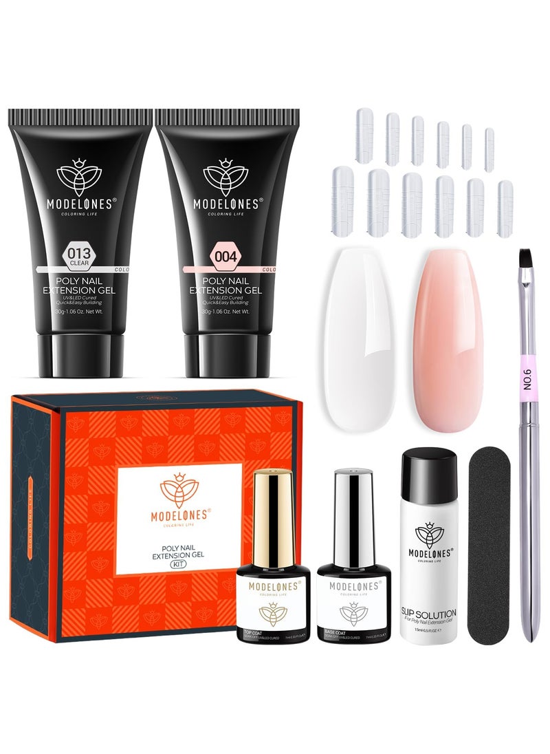Modelones Poly Nail Gel Kit 30ml 2PCS with Slip Solution Top Base Coat Extension Builder Enhancement Professional Starter Kit DIY Salon Use