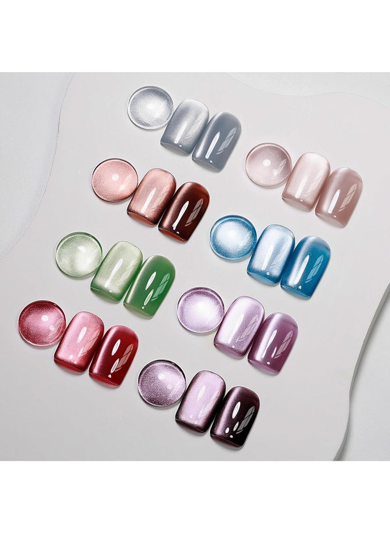 MIZHSE Cat Eye Gel Nail Polish, 8 Colors Ceramic Magnetic Gel Polish Set with Magnet Stick, Crystal Shimmery Silver Brown Green Purple Colors Nail Gel Soak Off Nail Art Salon Home Gift for Women