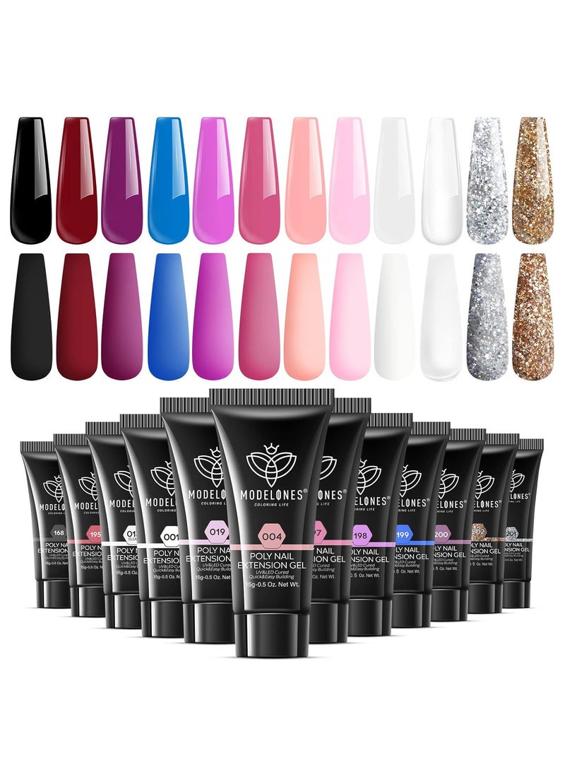modelones 12 Colors Poly Nail Extension Gel Kit Pink Black White Red Glitter All Seasons Classic Colors Builder Nail Gel Set Holiday Manicure DIY Design Salon at Home Beauty Gifts
