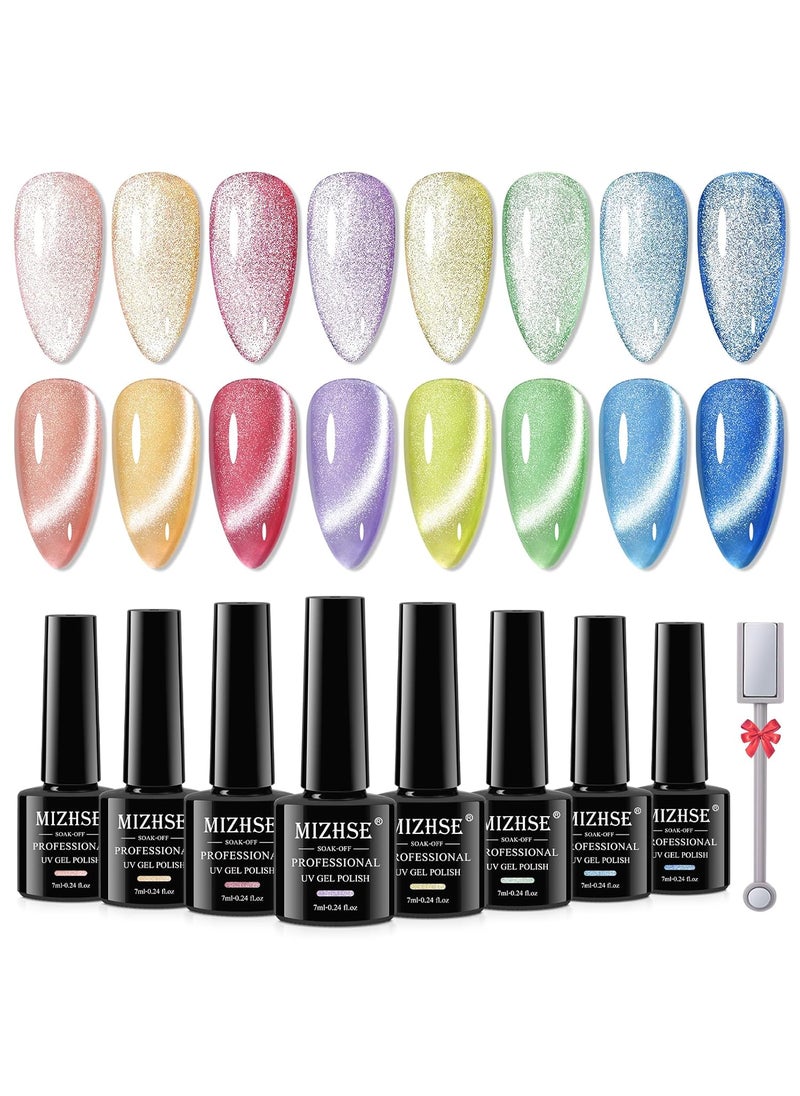 MIZHSE Cat Eye Gel Nail Polish: 8 Colors Smoothie Magnetic Gel Polish Kit with Magnet Stick, Shimmery Glitter Neon Colors Green Yellow Blue Soak Off Nail Art Salon Home Manicure Women Gift