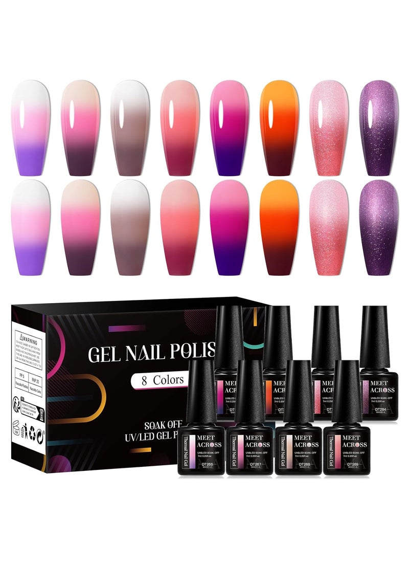MEET ACROSS Color Changing Gel Nail Polish Set of 8 Temperature Changing Colors Including Red Pink Purple Orange Mood Changing Gel Manicure Kit for Nail Art Home DIY