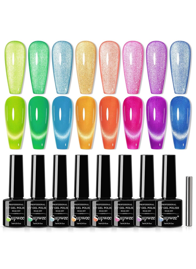Neon Cat Eye Gel Polish Set Bright Yellow Green Pink Cateye Nail Polish Gel Magnetic Gel Polish Varnish Soak Off Lamp Gel for Nail Salon or DIY at Home 8 Colors 7ML(0.24FL OZ)