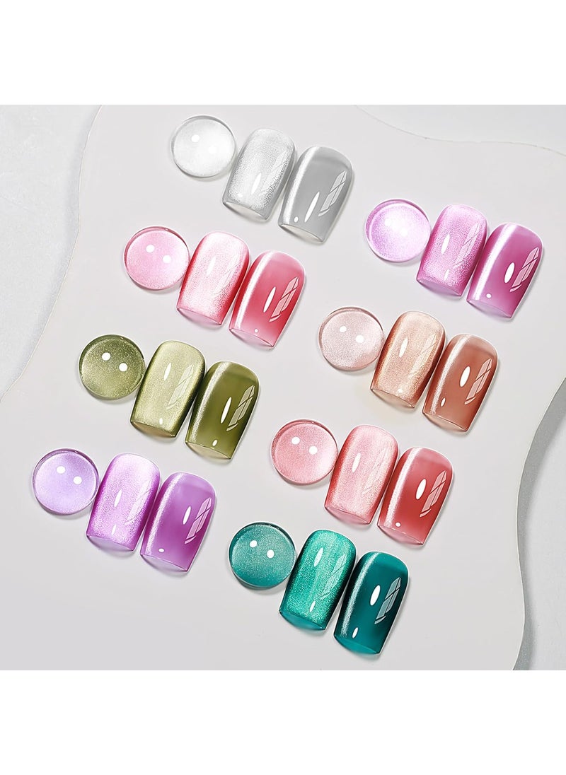 MIZHSE Cat Eye Gel Nail Polish: 8 Colors Ceramic Magnetic Gel Polish Set with Magnet Stick, Crystal Glass Pink Green Blue Spring Colors Smoothie Nail Gel Soak Off UV/LED Nail Art Salon Home Gift
