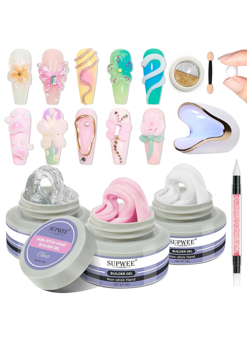 Solid Builder Gel for Nails, Clear White Pink Hard Gel for 3D Nail Art Sculpting with UV Lamp & Chrome Powder for Home DIY Salon, 14g (0.49oz)