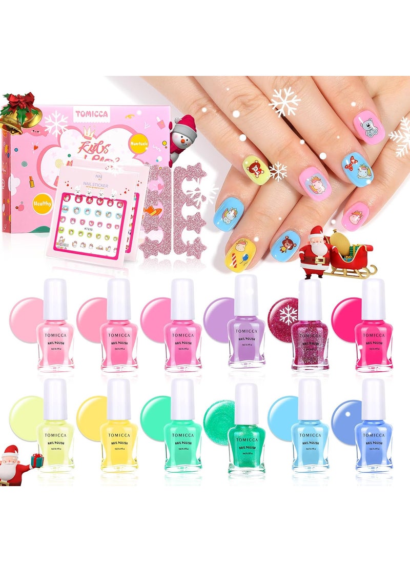 TOMICCA Kids Nail Polish Set - 12 Candy Rainbow Colors Non Toxic Water Based Odorless Peel Off Quick Dry Natural Safe for Toddler Parties & Birthday Girls (Ages 3+)