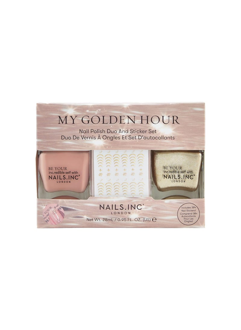 Nails Inc My Golden Hour Nail Polish & Nail Sticker Duo – Longwear Pink Nude & Gold Shimmer Polish with 384 Star Nail Stickers – Glossy, Chip-Resistant Formula for Salon-Quality Manicure