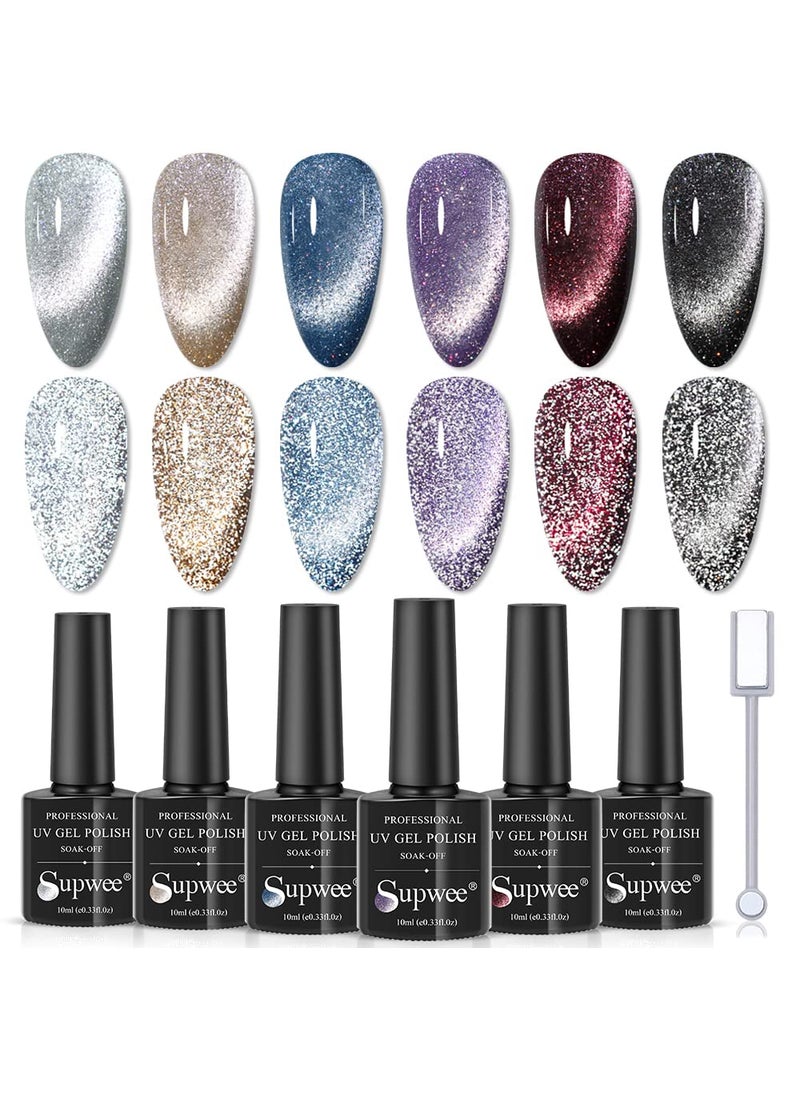 Reflective Glitter Cat Eye Gel Polish Sparkle Shiny Nail Polish Gel 6 Colors Magnetic Gel Nail Polish with Magnecti Stick Varnish Soak Off UV Gel