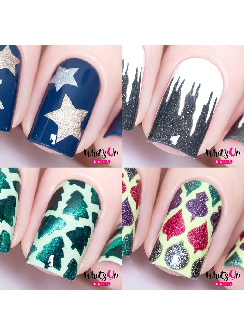 Whats Up Nails - Christmas Nail Vinyl Stencils 4 Pack (Northern Star, Icicles, Forest, Christmas Bulbs) for Nail Art Design