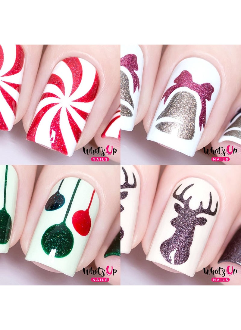 Whats Up Nails - Christmas Nail Vinyl Stencils 4 Pack (Peppermint Candy, Bell, Festive Globes, Antler) for Nail Art Design
