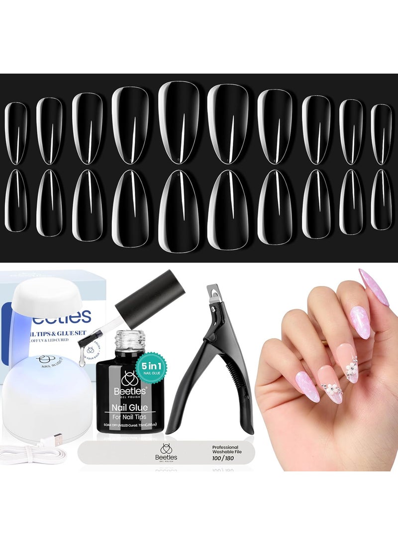 Beetles Gel Nail Kit Almond Nail Tips Easy Nail Extension Set 5 In 1 Nail Glue Gel with Pre shaped Medium Almond Nail Tips & UV Nail Lamp Acrylic Nail Clipper DIY Art Gifts for Her