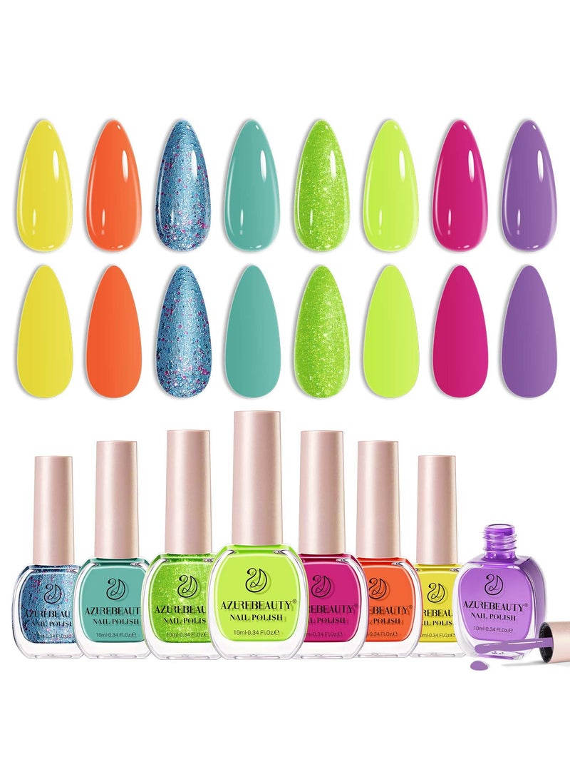 AZUREBEAUTY 8 Colors Hot Pink Neon Blue Green Glitter Purple Yellow Orange Nail Polish Set, Quick-Dry Vegan, Perfect for Women Manicure Nail Art DIY Salon