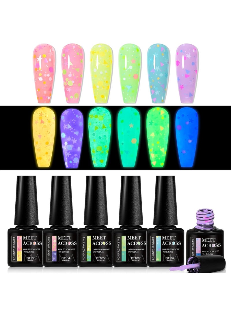 MEET ACROSS Candy Glow in the Dark Gel Nail Polish Set, 6 Colors Luminous Light Pink Yellow Purple Glow Effect Nail Polish with Sequins Soak off UV LED Cured for Home Salon DIY Manicure