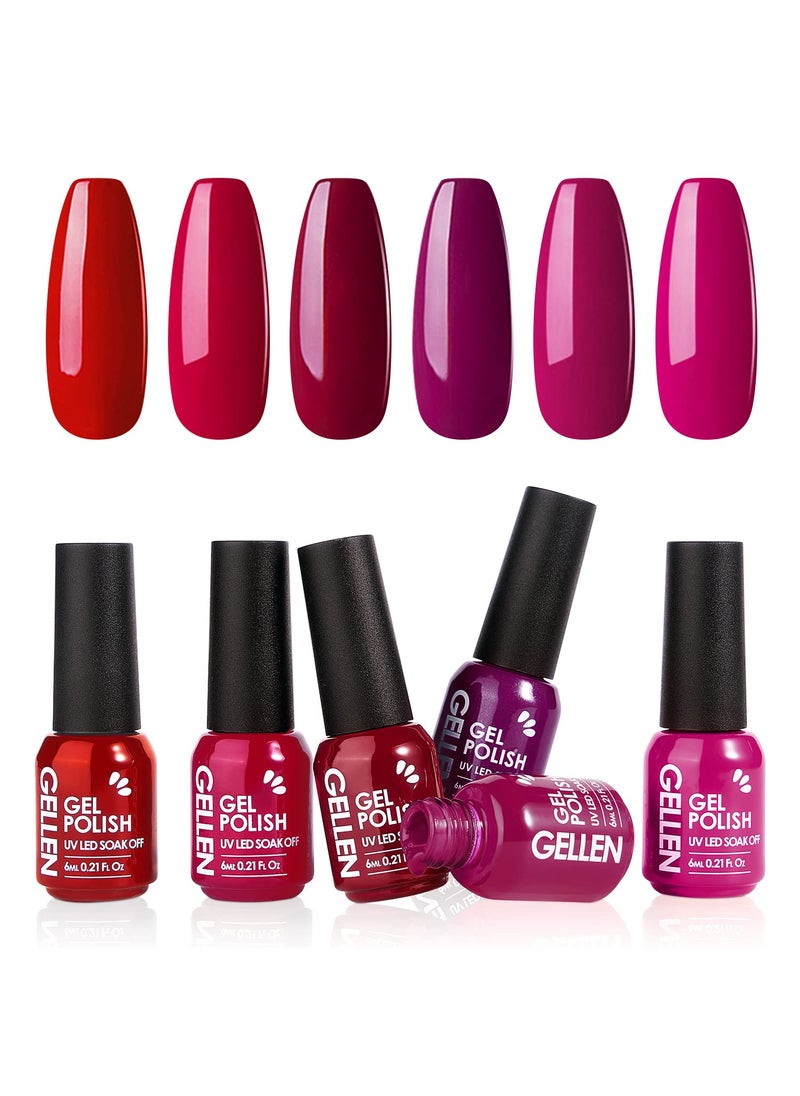 Gellen Gel Nail Polish, Burgundy Dark Red Purple Gel Polish Set 6 Colors, Non Toxic No Wipe Soak Off UV Light Gel For Women Girls Manicure Home Salon Trendy Nail Gifts Valentine Day Christmas