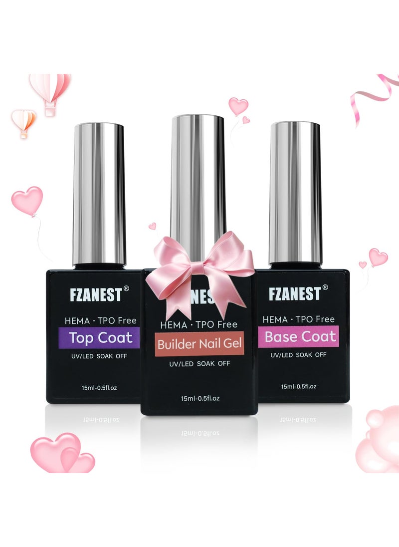 FZANEST Builder Nail Gel With Gel Top and Base Coat HEMA Free, 15ml * 3pcs Gel Nail Kit for Nail Thickening Apex Nail Extension Soak Off No Wipe Gel Top Coat Base Hard Gel Nails, LED Nail Lamp Cured