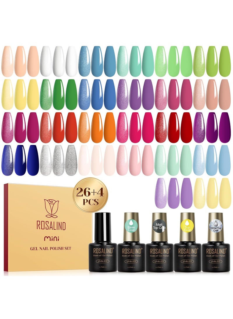 ROSALIND 30pcs Gel Nail Polish Set with Base Gel Top Coat (Glossy Matte and Glitter), 26 Neon Bright Colors Gel Polish Pastel Summer Nail Gel Polish Soak Off U V Manicure Rainbow for Women