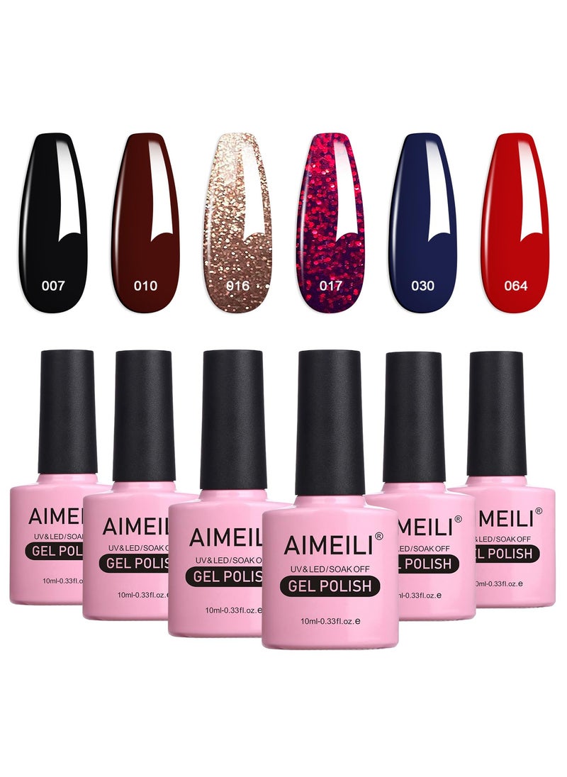 AIMEILI Gel Nail Polish Soak Off U V LED Gel Nail Lacquer, Black Wine Red Blue Glitter Color Gel Set Of 6pcs X 10ml - Kit Set 21