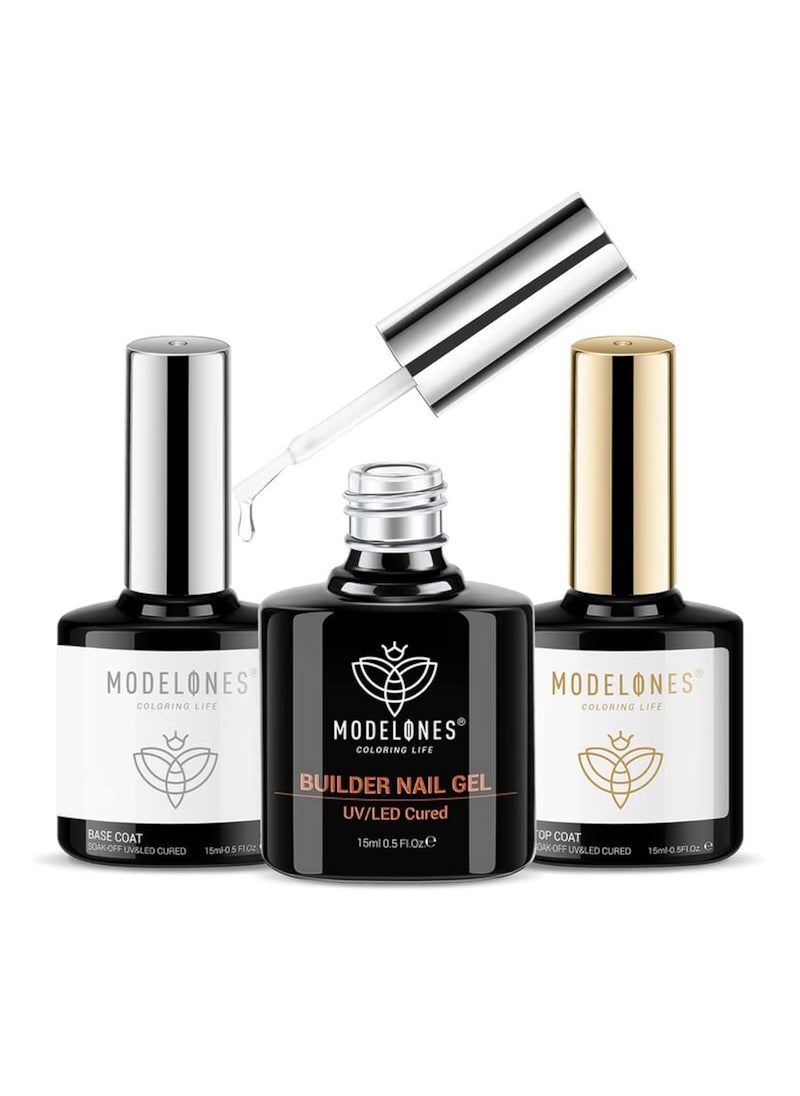 modelones Builder Nail Gel with Gel Top and Base Coat, 3Pcs Clear Builder Nail Kit for Thickening Apex Building Extension Rhinestone Gel Tips Glue, U/V LED Lamp Cured for Home DIY Salon Girls