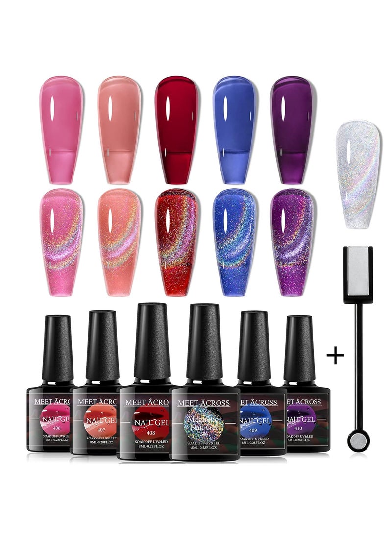 MEET ACROSS Rainbow Cat Eye Gel Nail Polish and 5 Colors Jelly Gel Polish Soak Off UV LED Light Nail Kit Gift Box with Free Magnet Stick