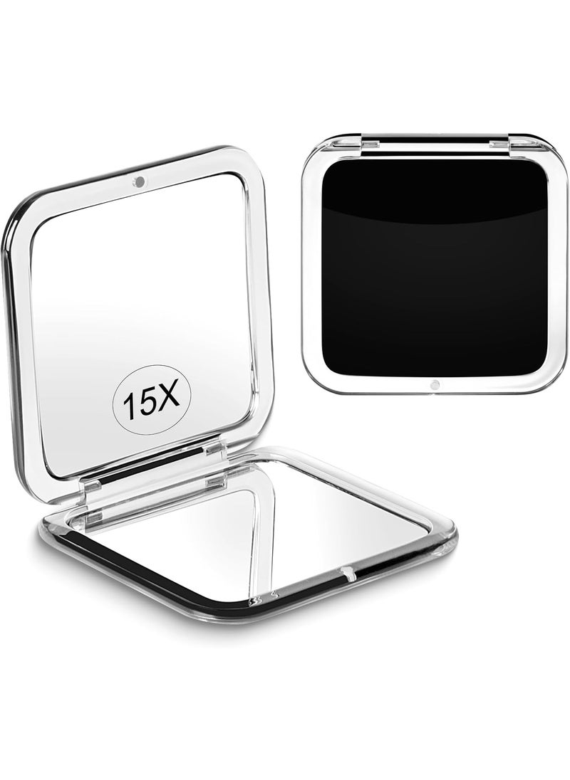 Compact 15X Magnifying Makeup Mirror for Travel, Small Pocket Mirror-Handheld, Foldable & Portable 2-Sided with 15X Magnifying and 1X Mirror for Purses - Square 3.3 x 3.3 inch (Black)