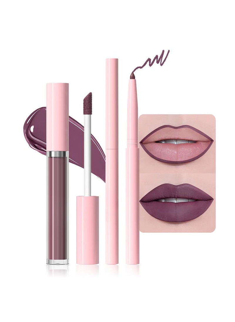 AMY'S DIARY 2pcs Purple Lip Liner & Lipstick Makeup Set, Liquid Lipstick 24H and Lip Liner Set Matt Liquid Lips Make Up Waterproof Long Lasting (06#, 2 Pcs Set)