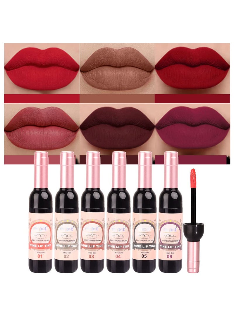 6 Colors Matte Red Wine Liquid Lipstick Pack Set,Wine Lip Tint Long Lasting 24 Hour Waterproof Velvet Nonstick Cup Lipgloss Lip Stain Pigmented Lip Makeup Gift Sets for Girls and Women Labiales