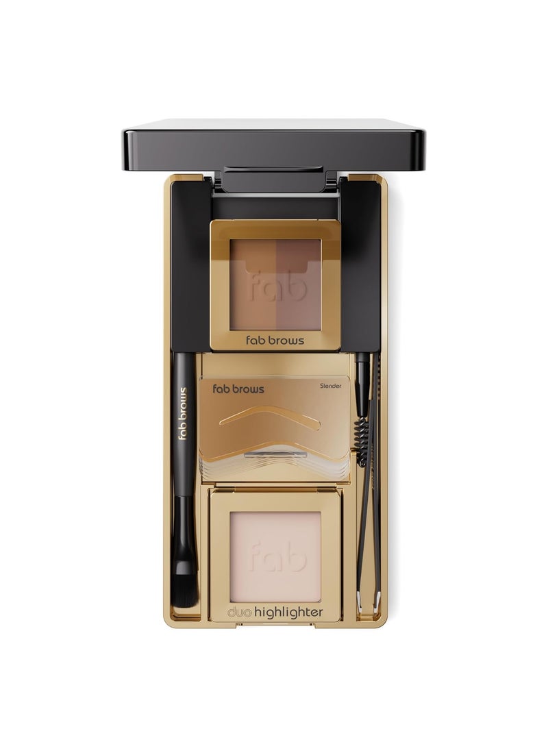 LUX Duo Stencil Eyebrow Kit - The Ultimate Brow Stencil Kit with Duo Brow Powder, Highlighter Powder, Stencil Shapes, Eyebrow Tools & Mirror - Eyebrow Stencil Kit Makeup - Light Brown/Medium