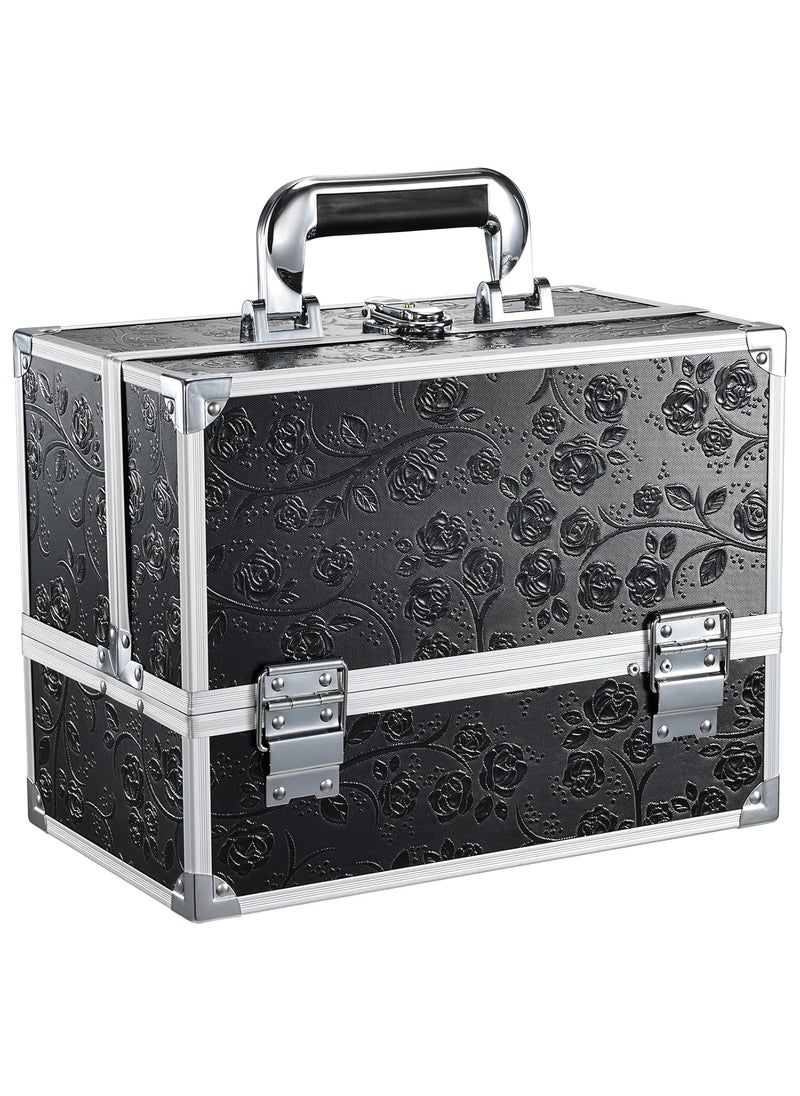 FRENESSA Makeup Train Case 11.8 Inch Extra Large Makeup Organizer Case 3 Trays with Mirror Cosmetic Travel Storage Box for Makeup Artist Nail Art Tech Sewing Supplies Travel Case Black Floral