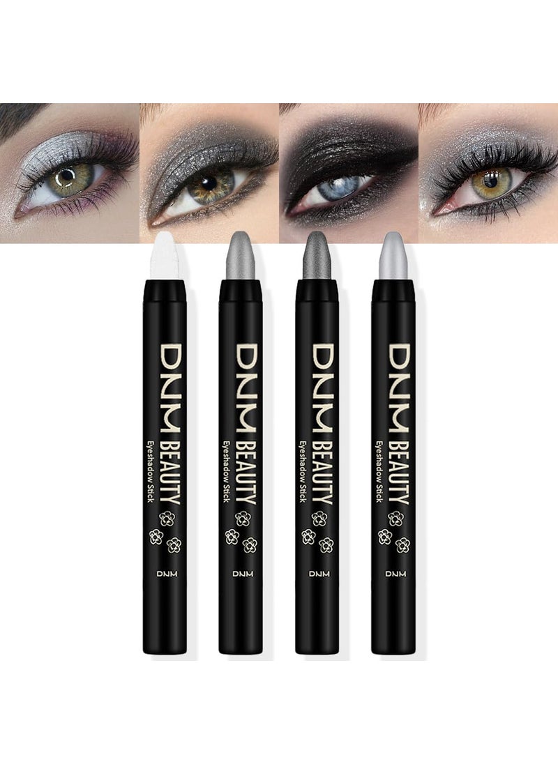 AMY'S DIARY Eyeshadow Pencil Cream Stick 4Pcs Set, Eye Eyeshadow Waterproof Pearl White Black Grey Silver Shimmer Metallic Eyeshadow Crayon Stick Sombras En Crema Para Ojos (Set01)