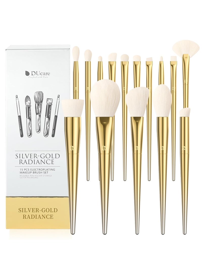 DUcare Makeup Brushes 15Pcs Makeup Brush Set with Holder Premium Synthetic Powder Foundation Contour Blush Concealer Eye Shadow Blending Liner Make Up Brush Kit gold-silver