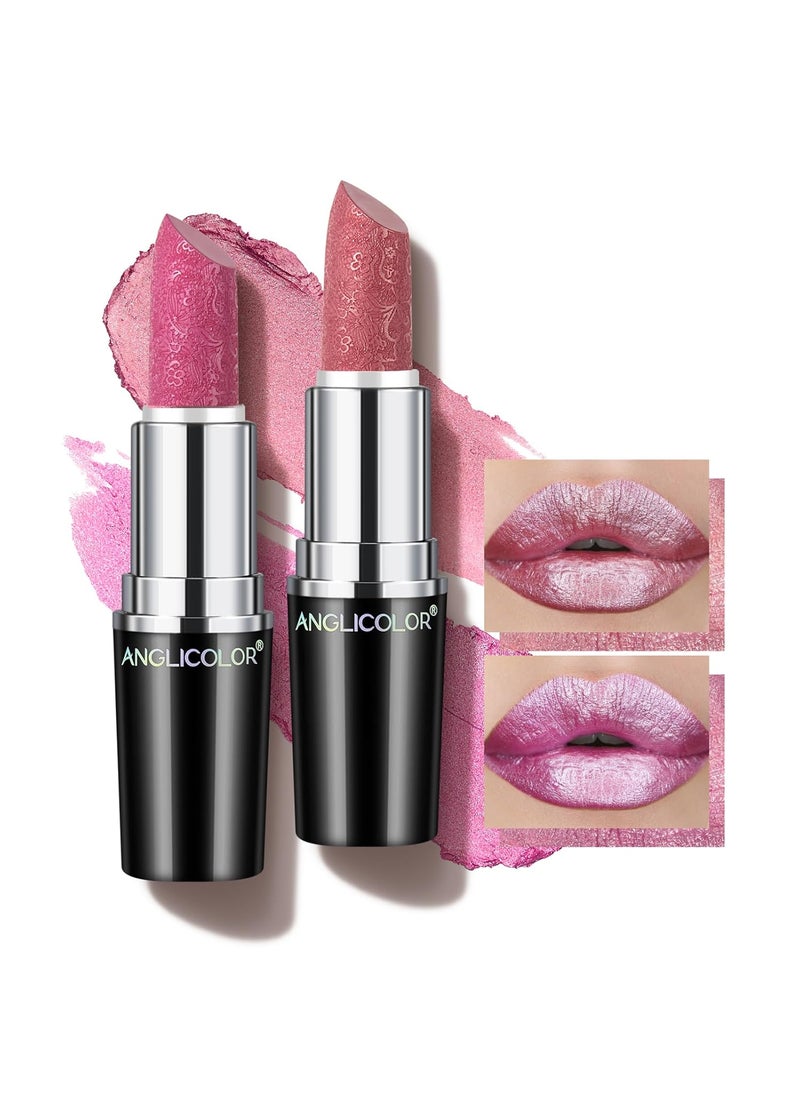 2pcs Glitter Lipstick High Impact Lipcolor,Pink Lipstick Moisturizing Creamy Formula,Metallic Lipstick For Women For Vegan & Cruelty-Free,Full-Coverage Lip Color