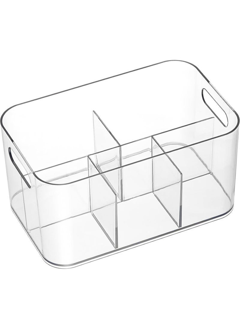 5-Compartment Clear Plastic Bin - Divided Art Supplies, Cosmetic Makeup Caddy Organizer - Multiuse Storage Container for Vanity, Bathroom, Kitchen, Office, Craft, Shower, Cleaning Items, (1 Pack)