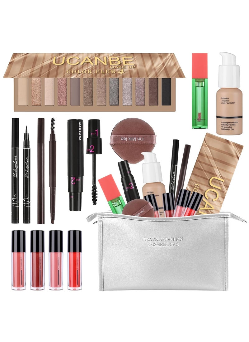Makeup Set for Women Full kit, Makeup bag with 12 Color Nude Eyeshadow Palette, Mascara, Lip gloss, Blush & Foundation, Beauty blender, Eyeliner Pen, Eyebrow Pencil All in One Gift Set