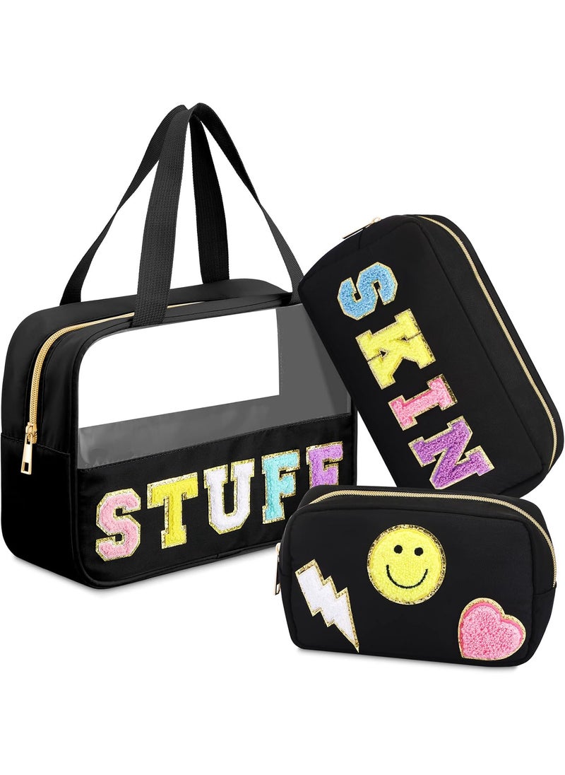 3 Pieces Chenille Letter Patch Makeup Bag Nylon PVC Preppy Makeup Stuff Bag Cosmetic Bag Chenille Letter Bag Toiletry Storage Bag Waterproof Makeup Tote Bag for Women Purse Travel Gift (Black)