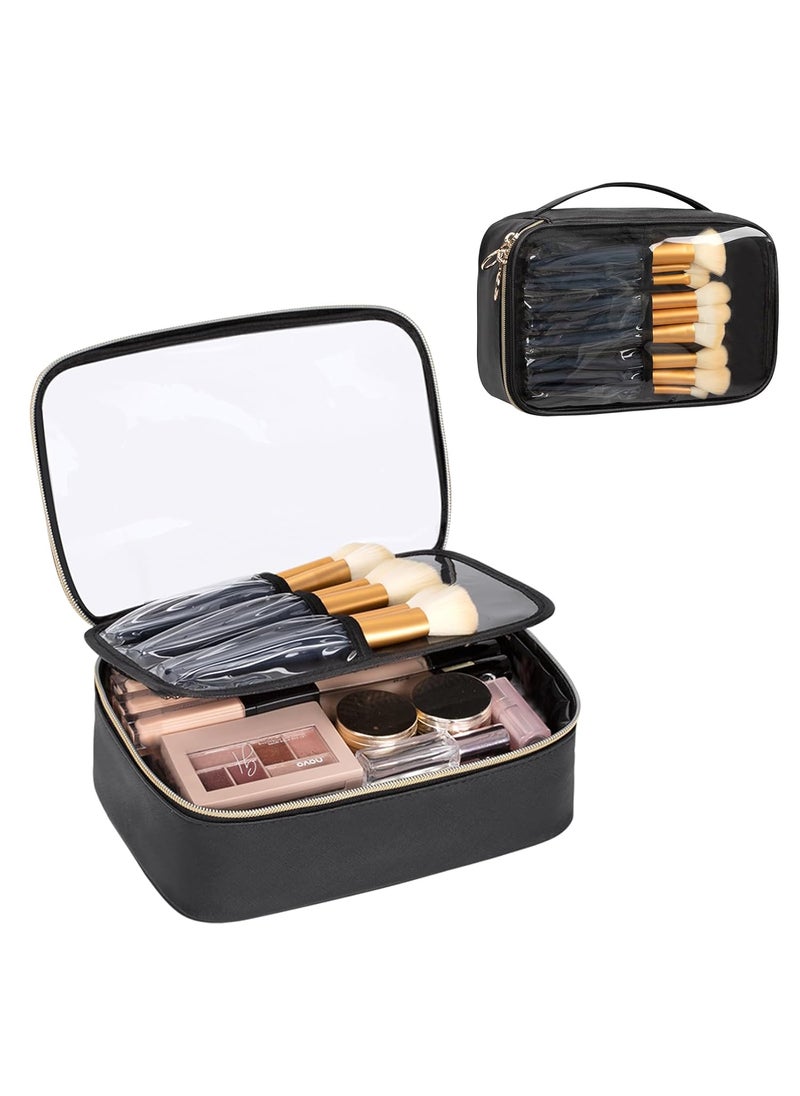 OCHEAL Clear Makeup Bag, Portable Makeup Storage Organizer Cosmetic Bag, Travel Makeup Bag Cute Clear Pouch For Women and Girls Cosmetics Bags with Divider Makeup Brush Compartment-Black PU Large