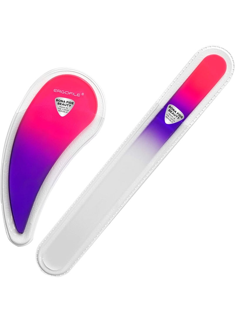 BONA Fide Beauty Glass Nail File Manicure Set, 2-Pieces Comfort Grip Ergonomic Drop Ergofile Czech Glass in Sleeves