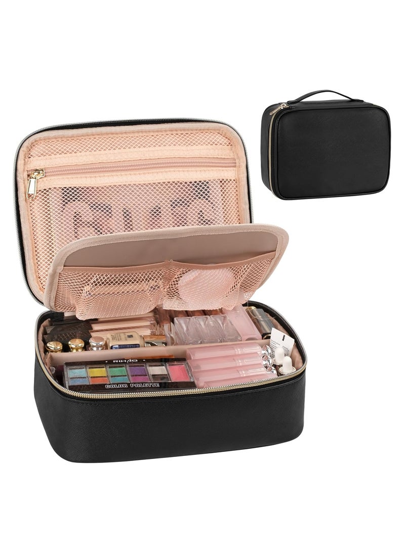 OCHEAL Makeup Bag, Cute Makeup Organizer Bag Potable Make up Bag for Cosmetics Toiletry Accessories with Divider and Brushes Compartments, Makeup Travel Case Cosmetic Bags Women and Girls-Black