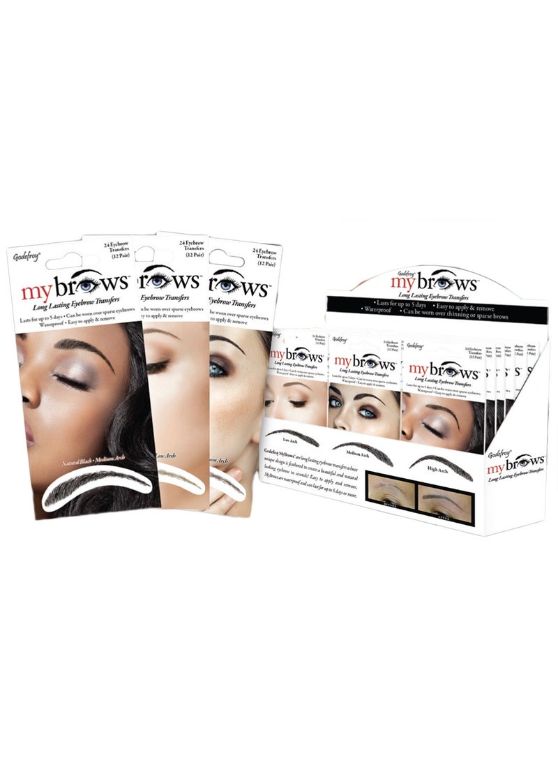 Godefroy MyBrows Long Lasting Eyebrow Transfers, Low Arch, Medium Brown, 12-Pairs of Brows