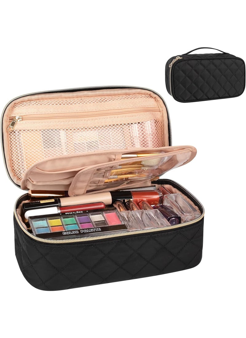 OCHEAL Makeup Bag with Brush Compartment - Small Travel Cosmetic Organizer for Women, Portable Makeup Brush Pouch with Dividers, Cute Toiletry Bag for Girls -Black