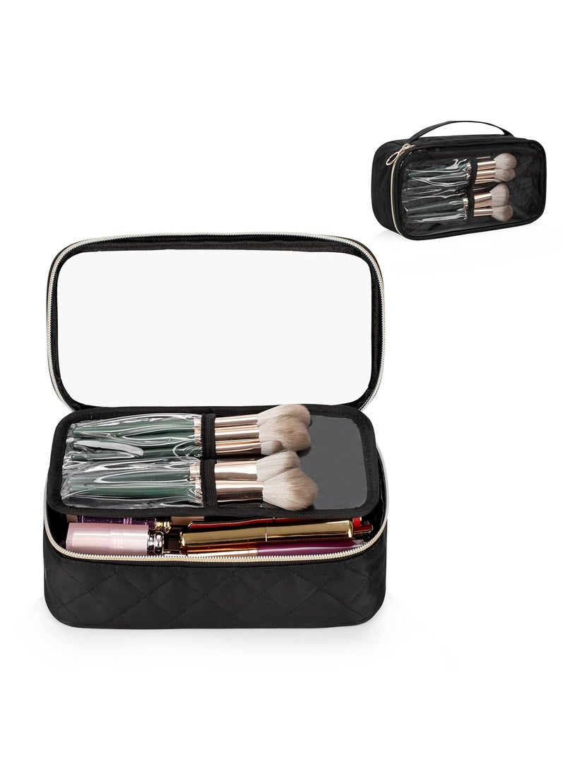 OCHEAL Clear Makeup Bag, Portable Makeup Bag Organizer Cosmetic Bag, Travel Makeup Bag Cute Clear Pouch For Women and Girls Cosmetics Bags with Divider Makeup Brush Compartment- Black