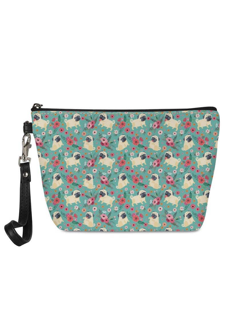 Mumeson Cute Pug Print PU Leather Cosmetic Pouch Travel Casual Handle Toiletry Storage Bag