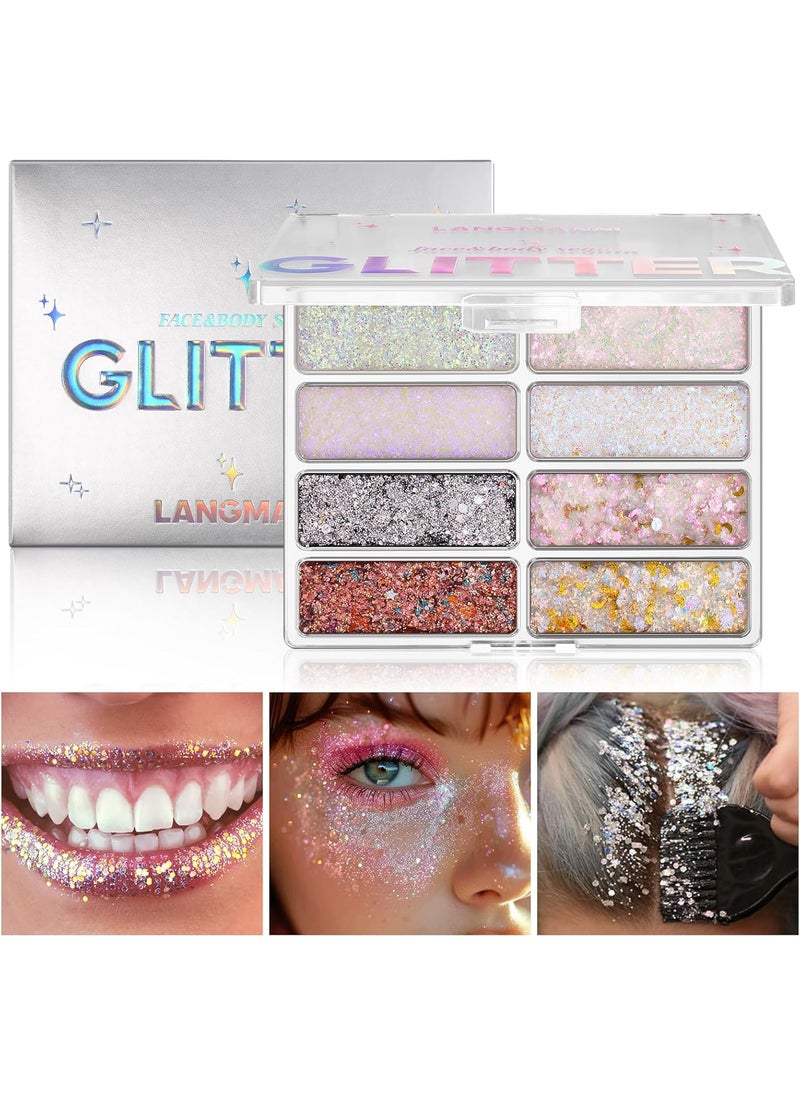 LANGMANNI 8 Colors Face & Body Glitter Palette - Holographic Changing Sparkling Mermaid Sequins for Women Girls Music Festival Party Rave Makeup(#A)
