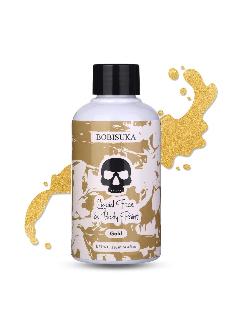 BOBISUKA Gold Face Body Paint Liquid Texture Washable Non Toxic Facepaint Fast Drying Metallic Gold Foundation Makeup for Halloween Cosplay SFX Costume Party Large Capacity(130ml)